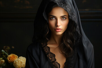 Beautiful young widow in a black lace scarf, veil. the girl mourns loss, grief and death. piercing hard gaze