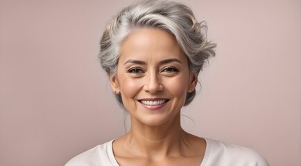 Fototapeta premium Portrait of beautiful elderly elegant woman smiling with grey hair isolated on clean background, banner with copy space text, template 
