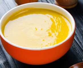 Carrot soup served on the table in bowl