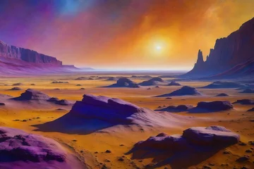 Zelfklevend Fotobehang An oil painting of a science fiction Mars landscape, sandy and rocky purples, yellows, symmetrical composition - AI Generative © Being Imaginative