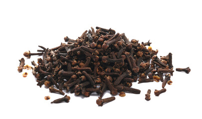 Pile cloves isolated on white, top view