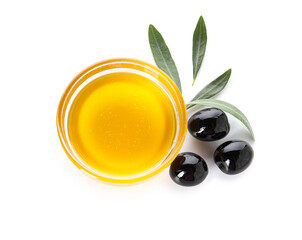 Bowl of fresh olive oil on white background