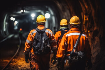 A team construction workers waking through tunnel while wearing full safety gear with helmet, safety in work place