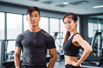 Fototapeta na wymiar Beautiful young asian woman working out in the gym with her personal trainer, healthy active living with sports and gym time