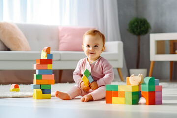 Full length view of cute little toddler playing with eco friendly wooden toys, educational toy games for toddlers
