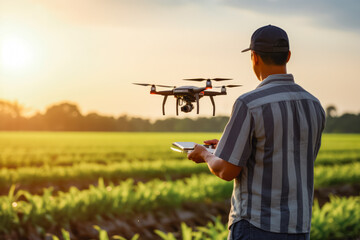 Man using drone with the remote control on technological tablet, drone flying over green fields and filming it while being controlled by man - obrazy, fototapety, plakaty
