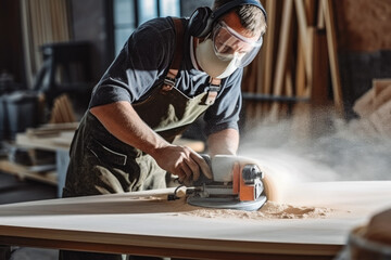 Male carpenter using sander on a piece of wood in his work shop, focusing on a job and wearing safety goggles while grinding - obrazy, fototapety, plakaty