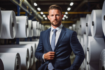 Fototapeta na wymiar Portrait of handsome caucasian business man looking professional dressed in suit standing in paper mill company factory