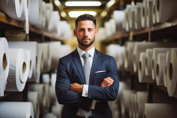 Portrait of handsome caucasian business man looking professional dressed in suit standing in paper mill company factory - obrazy, fototapety, plakaty