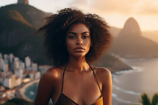 Mulher Negra Brasileira Radiante com Praia ao Fundo