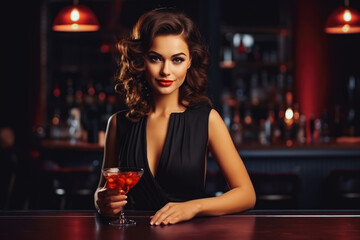 Attractive young brunette latina preparing cocktails at bar lobby, beautiful bar girl smiling and making drinks behind bar - obrazy, fototapety, plakaty
