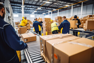 Warehouse workers optimizing package handing for delivery, workers sorting out delivery package for post office delivery