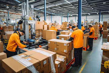 Fototapeta premium Warehouse workers optimizing package handing for delivery, workers sorting out delivery package for post office delivery