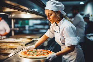 Female chef in white uniform preparing pizza in top restaurant, delicious pizza ready to be served to a customer in a pizza shop