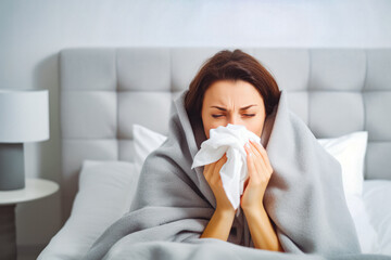 Young woman sneezing and coughing into white tissue while being sick and having a cold, feeling fever and being sick by a flu