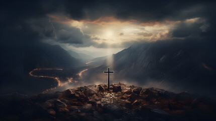 Obraz premium holy cross symbolizing the death and resurrection of Jesus Christ with The sky over Golgotha Hill is shrouded in light and clouds