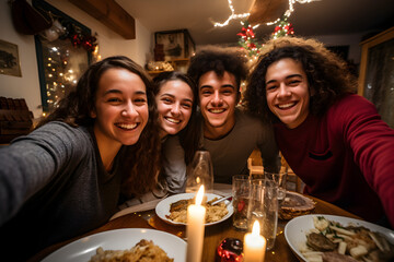 Happy multi generational family celebrating christmas toasting with wine at home. Focus on wine glasses and hands