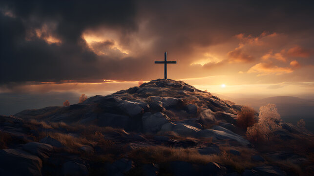 holy cross symbolizing the death and resurrection of Jesus Christ with The sky over Golgotha Hill is shrouded in light and clouds