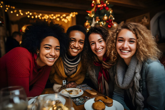 Happy multi generational family celebrating christmas toasting with wine at home. Focus on wine glasses and hands