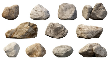 Set of stones or rocks isolated on transparent or white background