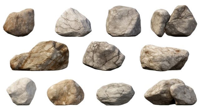 Set of stones or rocks isolated on transparent or white background