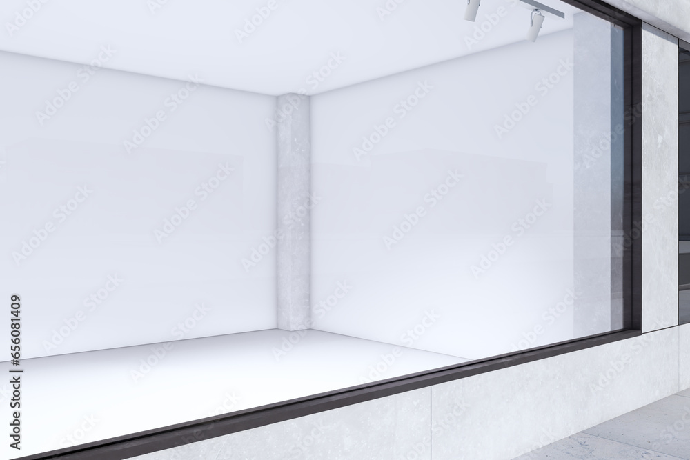 Poster empty storefront window with white mock up place for your advertisement. display, boutique and retai