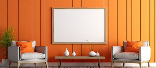 A modern living room design with orange armchairs a wood wall paneling a poster sideboard pendant lamps coffee tables window and parquet Mockup