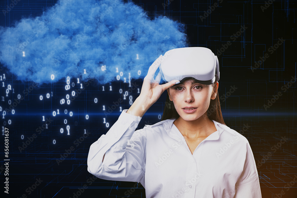Aufkleber portrait of attractive young european businesswoman with vr glasses and creative cloud hologram with