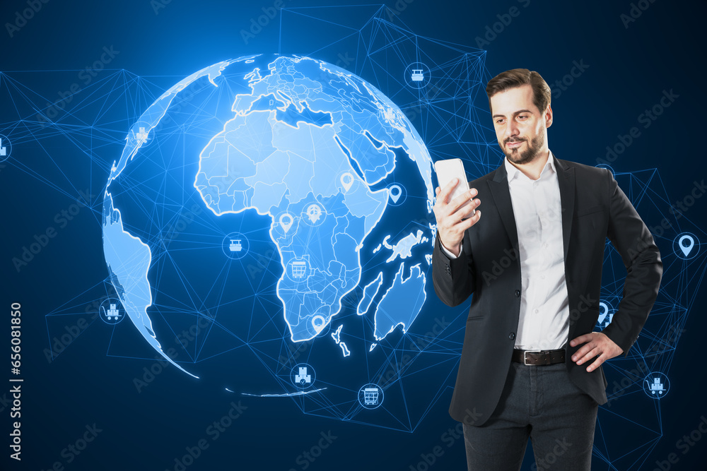 Poster attractive young european businessman using cellphone with glowing polygonal globe hologram with ico