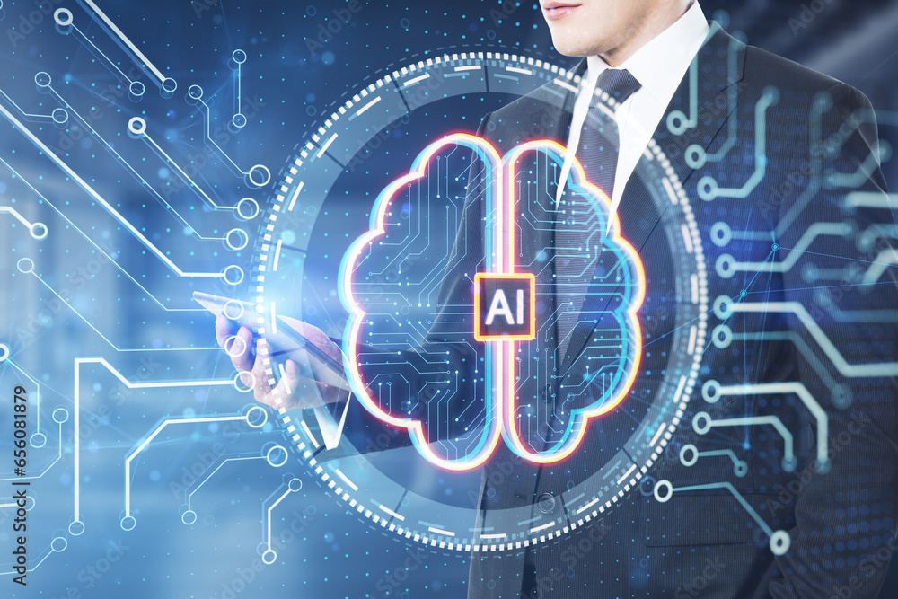 Poster Close up of businessman hand using cellphone with creative digital brain hologram with circuit on blurry office interior background. Artificial intelligence and machine concept. Double exposure.