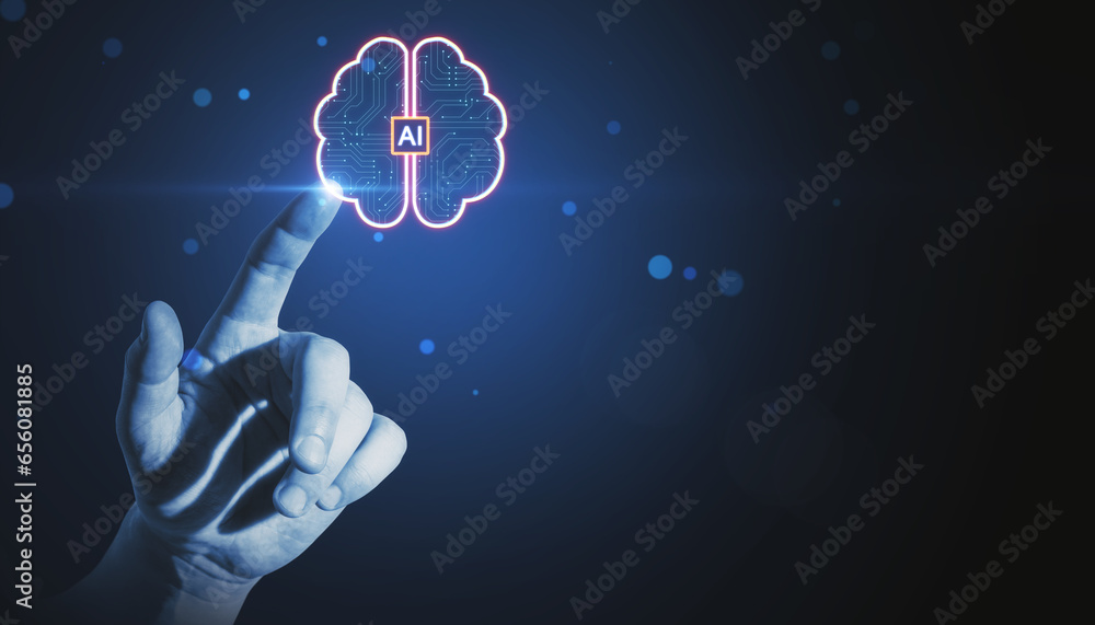 Poster Close up of businessman hand pointing at creative digital brain hologram with circuit on blurry blue bokeh circles background. Artificial intelligence and machine learning concept.