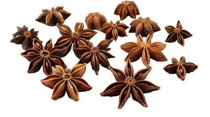 Star anise spice fruits and seeds isolated on transparent or white background