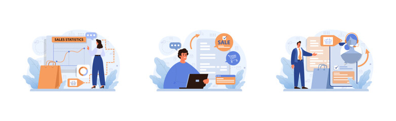 E-commerce set. Online shopping, character purchasing goods on a website