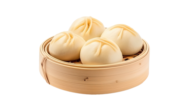 Steamed stuff custard bun in bamboo basket isolated on transparent or white background 