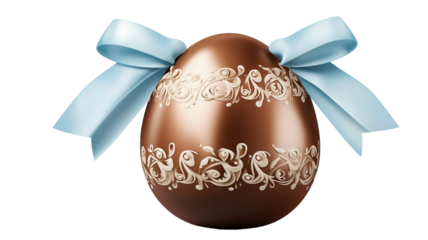 Tasty chocolate egg with light blue ribbon isolated on transparent or white background