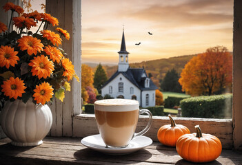 halloween still life with latte, decorations and pumpkins on windowsill, and a beautiful autumn view of the church and landscape outside the window, holiday background - Powered by Adobe