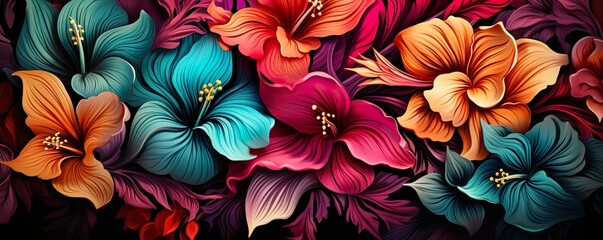 Colorful vibrant floral background frame of tropical plants and flowers | Generative AI
