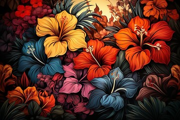 Fototapeta premium Colorful vibrant floral background frame of tropical plants and flowers | Generative AI