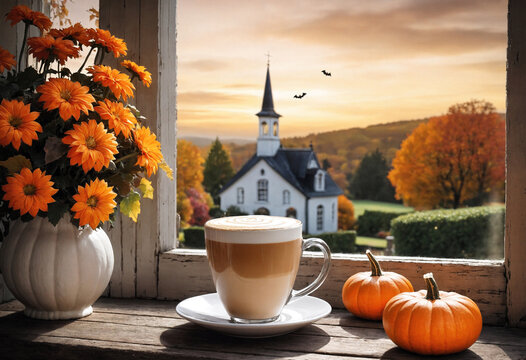 halloween still life with latte, decorations and pumpkins on windowsill, and a beautiful autumn view of the church and landscape outside the window, holiday background