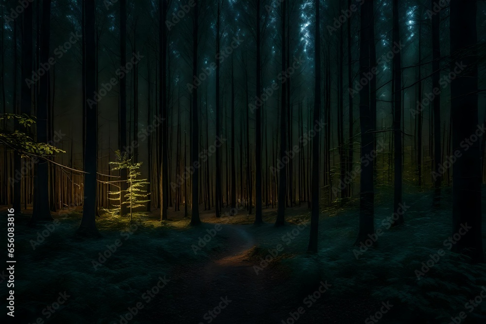 Poster scattered trees in the woods with luminous light of moon - ai generative