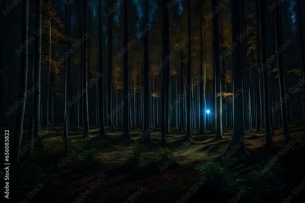 Poster scattered trees in the woods with luminous light of moon - ai generative
