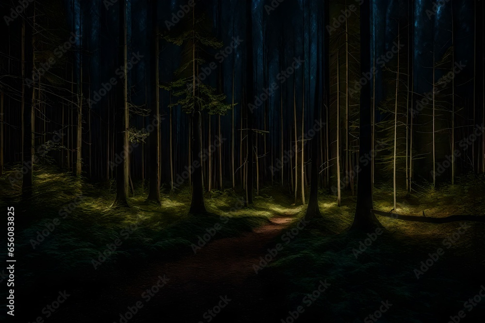 Poster scattered trees in the woods with luminous light of moon - ai generative