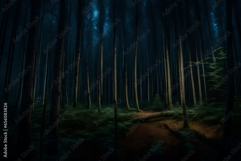 Poster scattered trees in the woods with luminous light of moon - ai generative