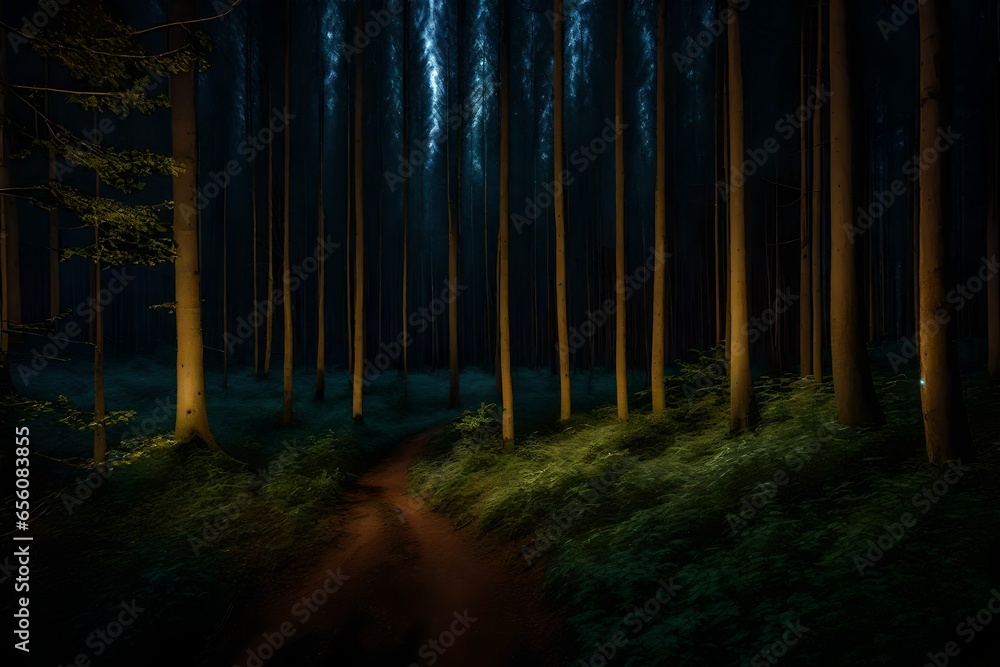 Poster scattered trees in the woods with luminous light of moon - ai generative