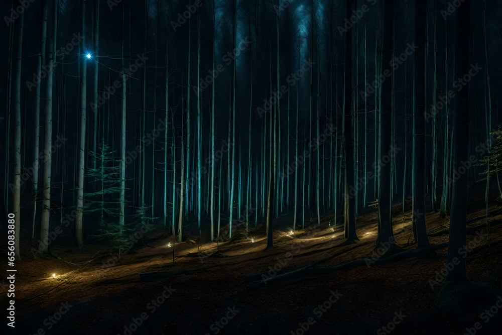 Poster scattered trees in the woods with luminous light of moon - ai generative
