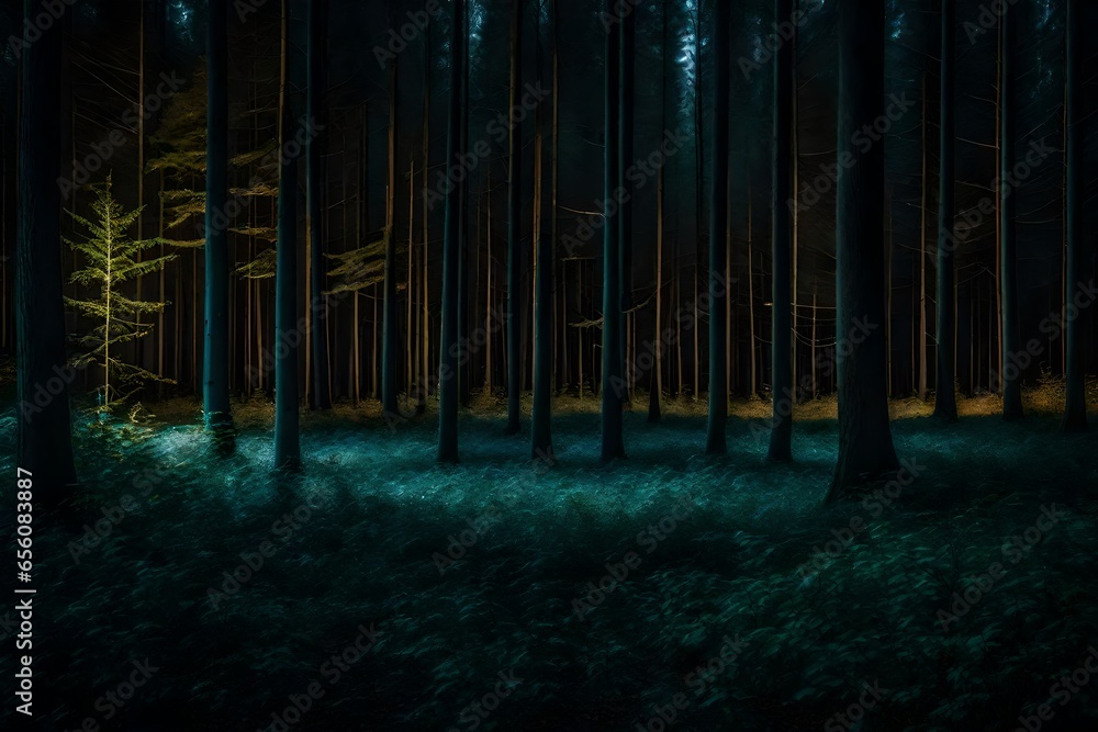 Poster scattered trees in the woods with luminous light of moon - ai generative