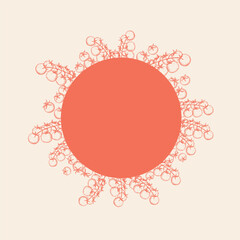 Cherry tomatoes frame template border with tomato branches for text, label, print, logo.Vector Illustration with red vegetable, tomatin harvest, food background.Hand drawn design element with engraved