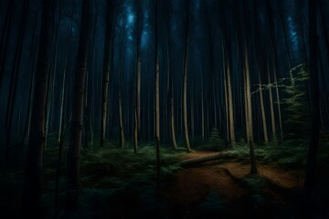 Scattered Trees in the Woods with luminous light of moon - AI Generative