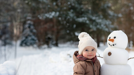 A Smiling Baby in winter clothes meets Snowman in snowy outdoor in Winter Season: Frosty Companions