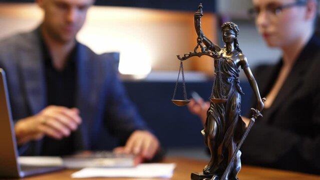 Lawyers discussing contract papers with brass scale on wooden desk in office. Law, legal services, advice, Justice and real estate concept.